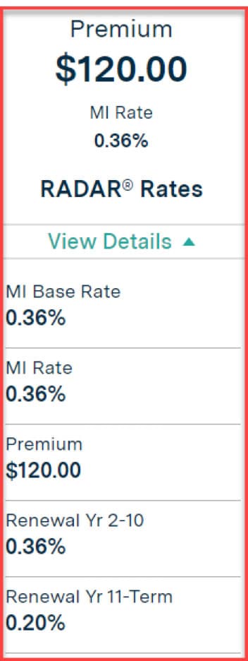 Mortgage insurance premium details with base and renewal rates displayed for accurate financial planning.